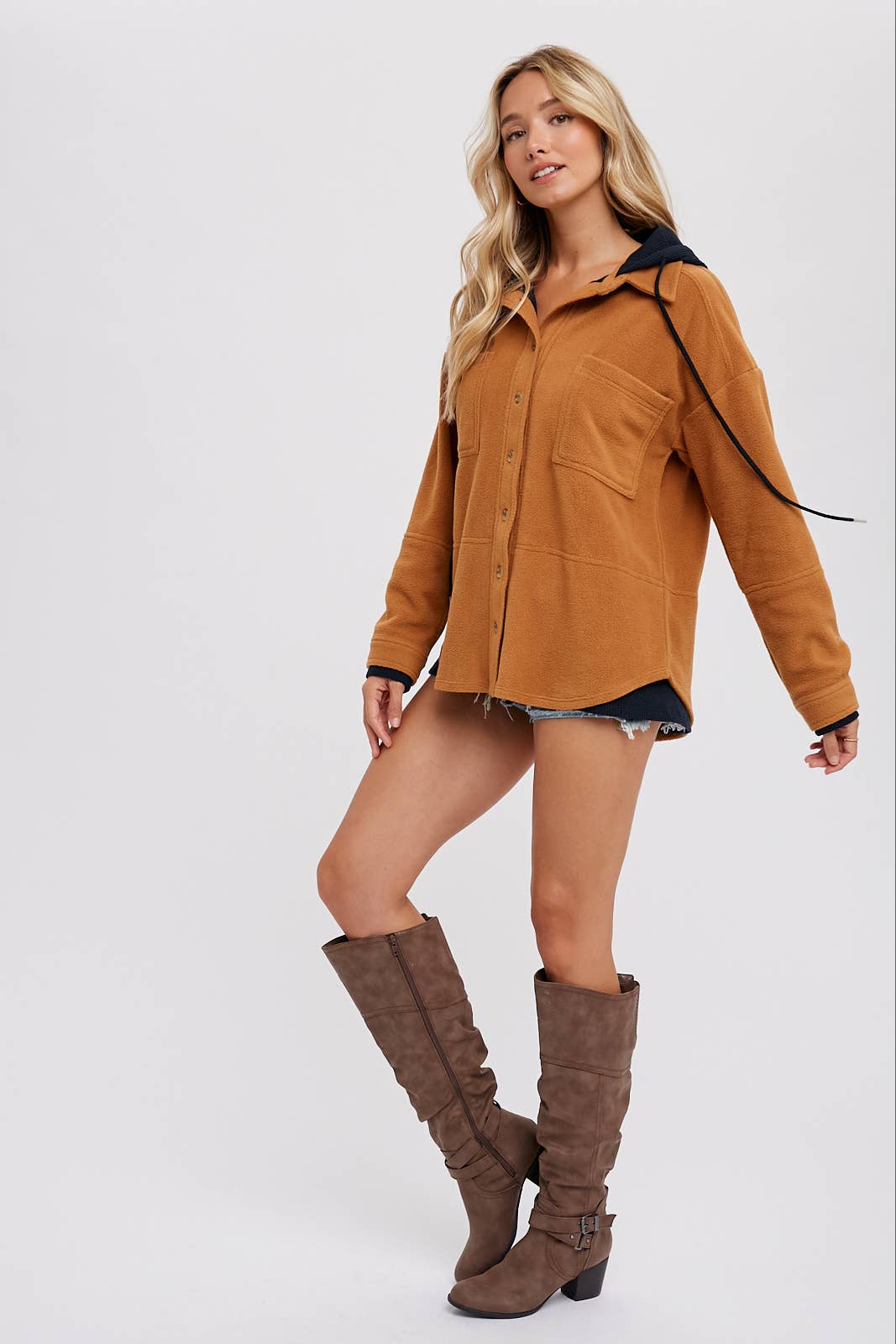 Fleece Hoodie Shacket in Camel