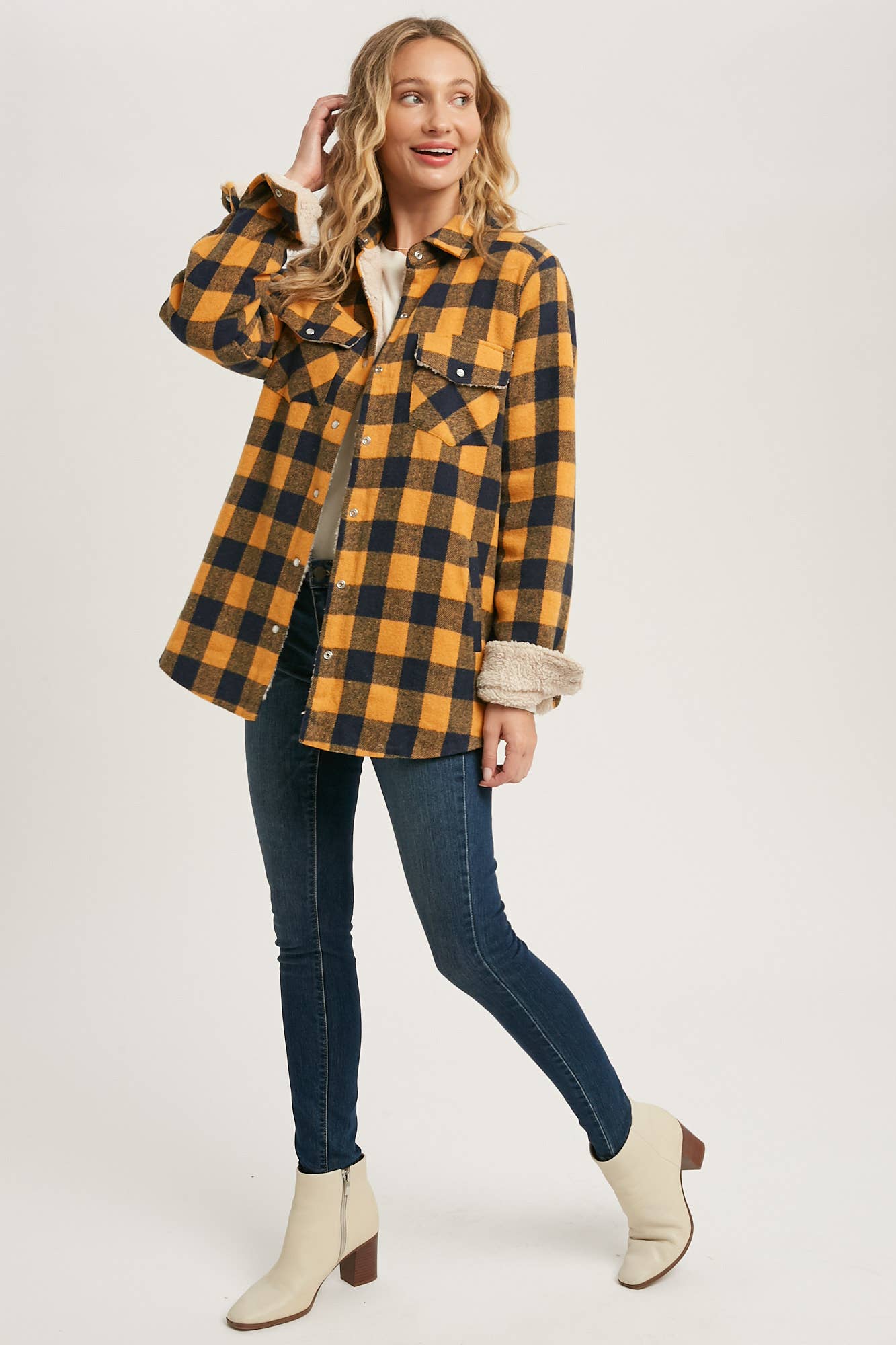 Buffalo Plaid Sherpa Lined Shacket - Mustard Plaid