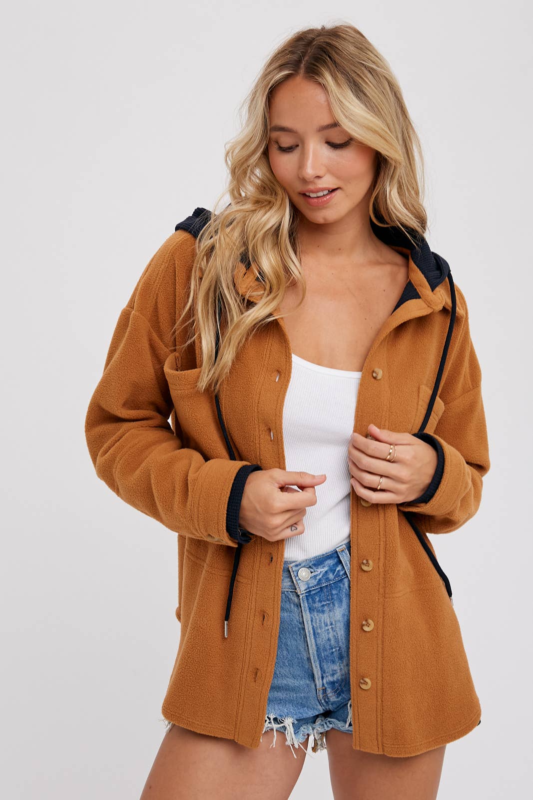 Fleece Hoodie Shacket in Camel