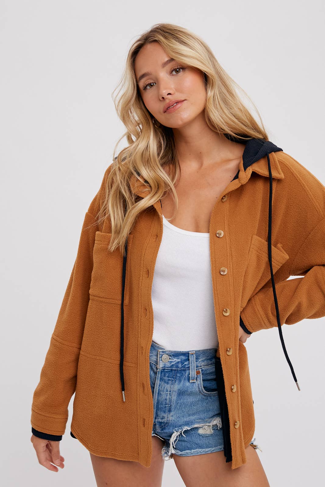 Fleece Hoodie Shacket in Camel
