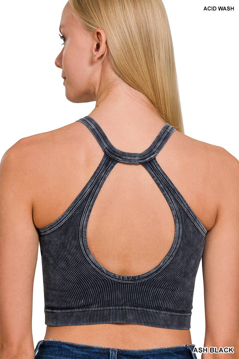 Washed Ribbed Button V-Neck Bralette