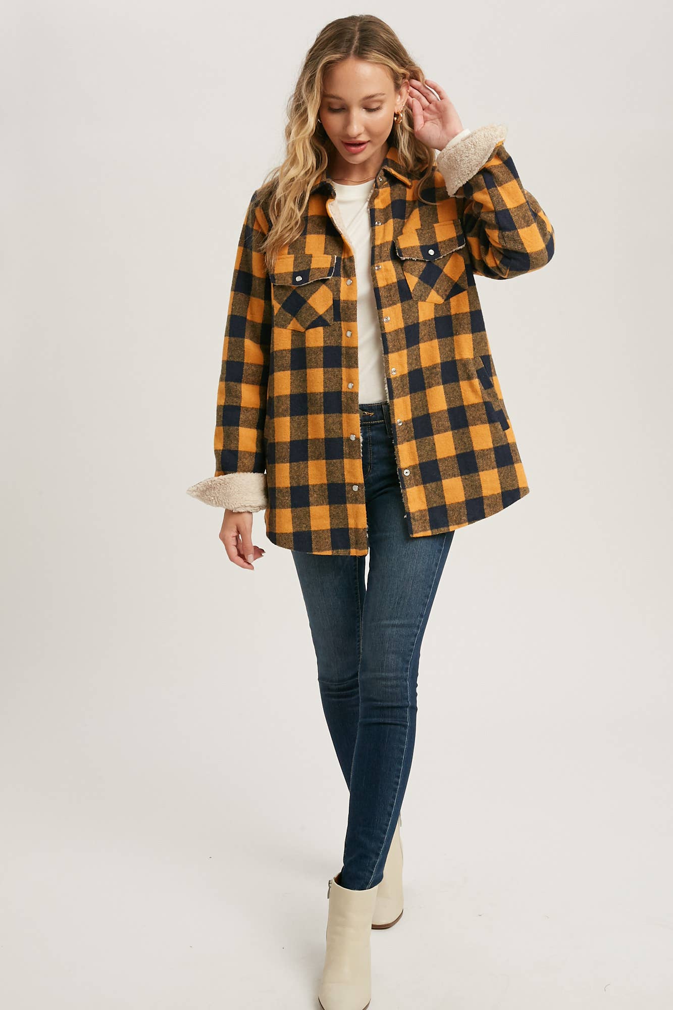Buffalo Plaid Sherpa Lined Shacket - Mustard Plaid