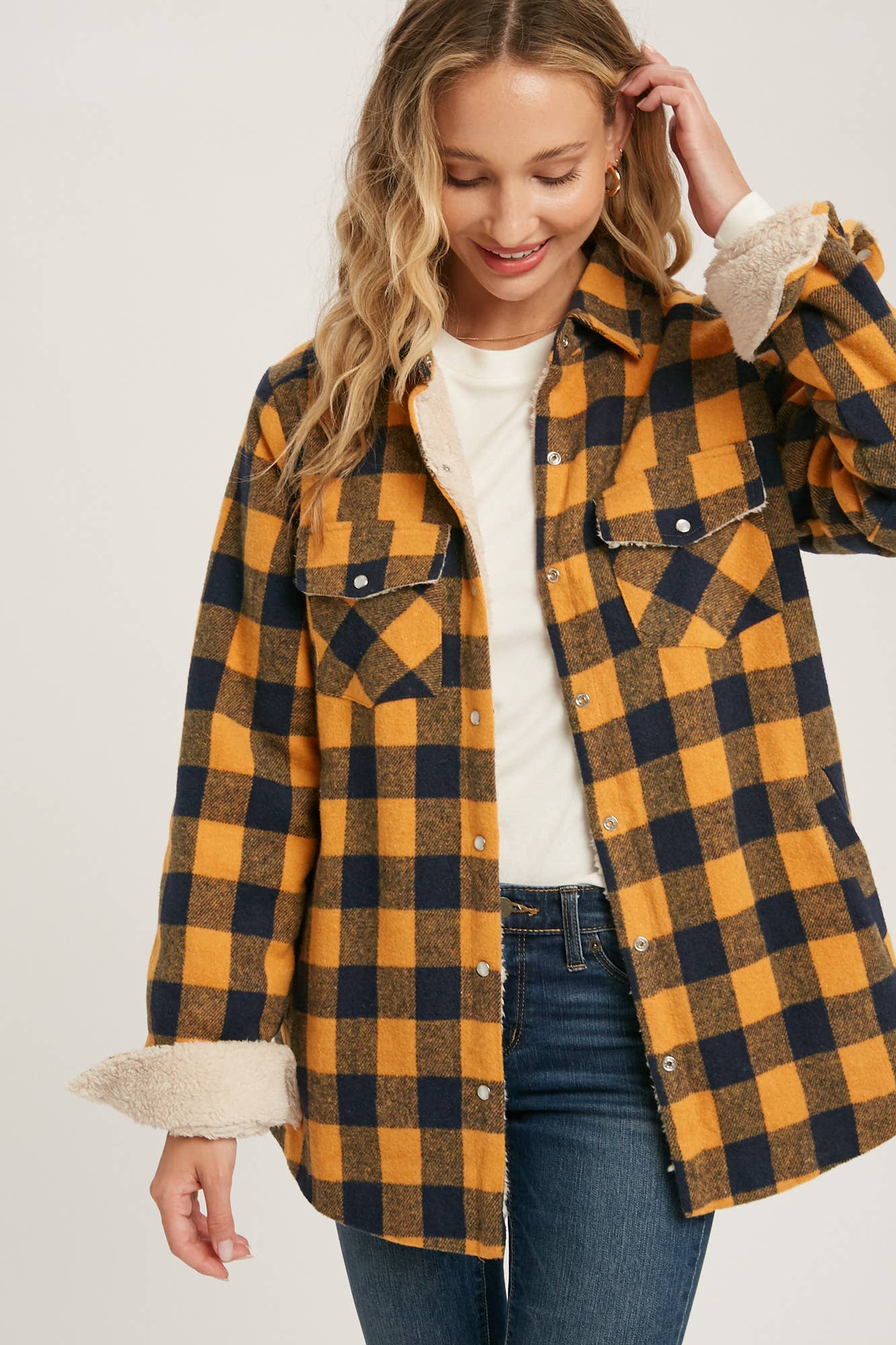 Buffalo Plaid Sherpa Lined Shacket - Mustard Plaid