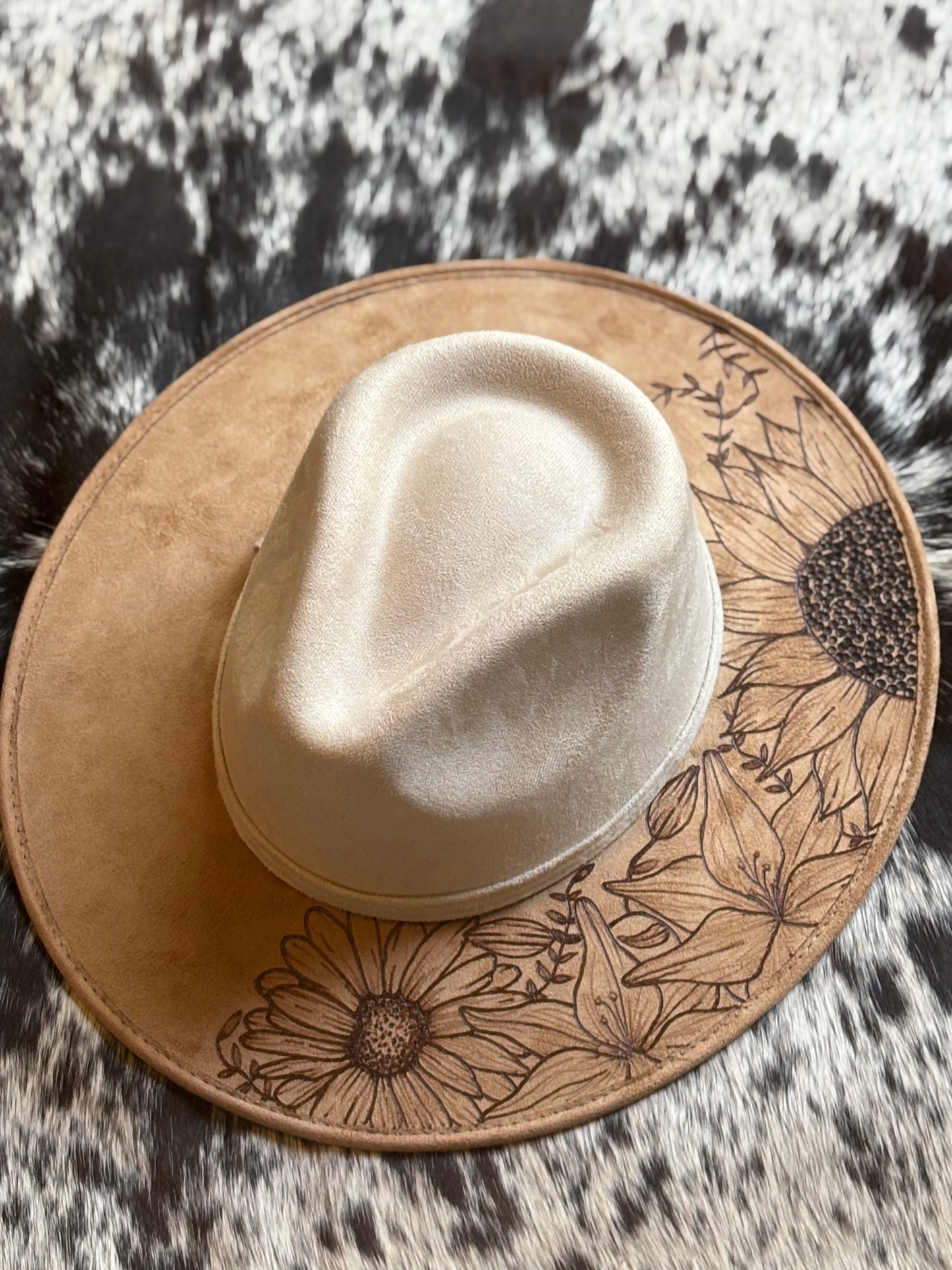 Vegan Suede Two-Toned Rancher Hat with Floral Hand Burned Design PACK OF 4