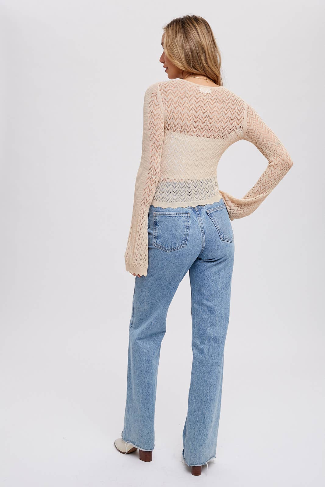 Bell Sleeves Pointelle Pullover in Cream