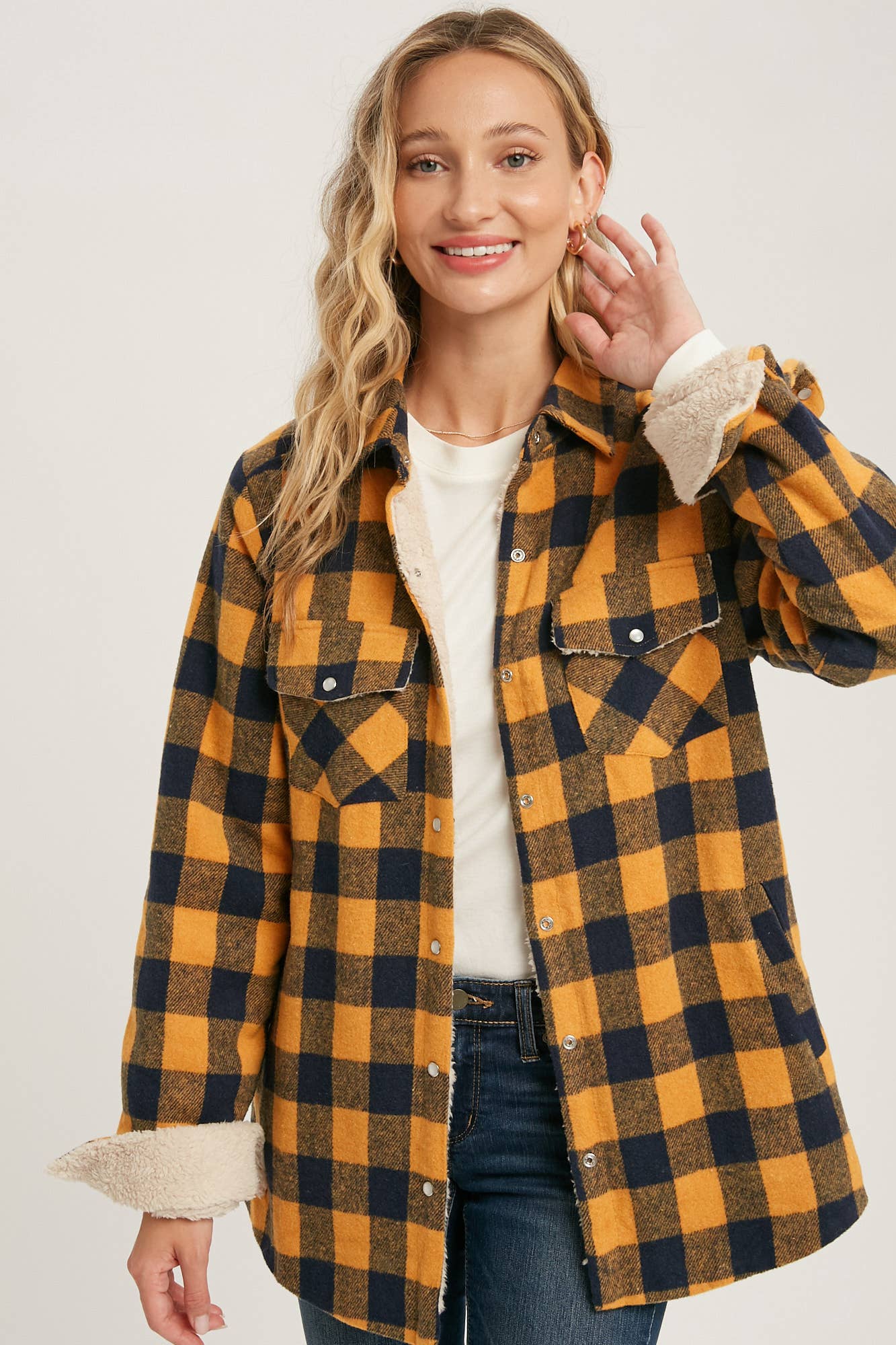 Buffalo Plaid Sherpa Lined Shacket - Mustard Plaid