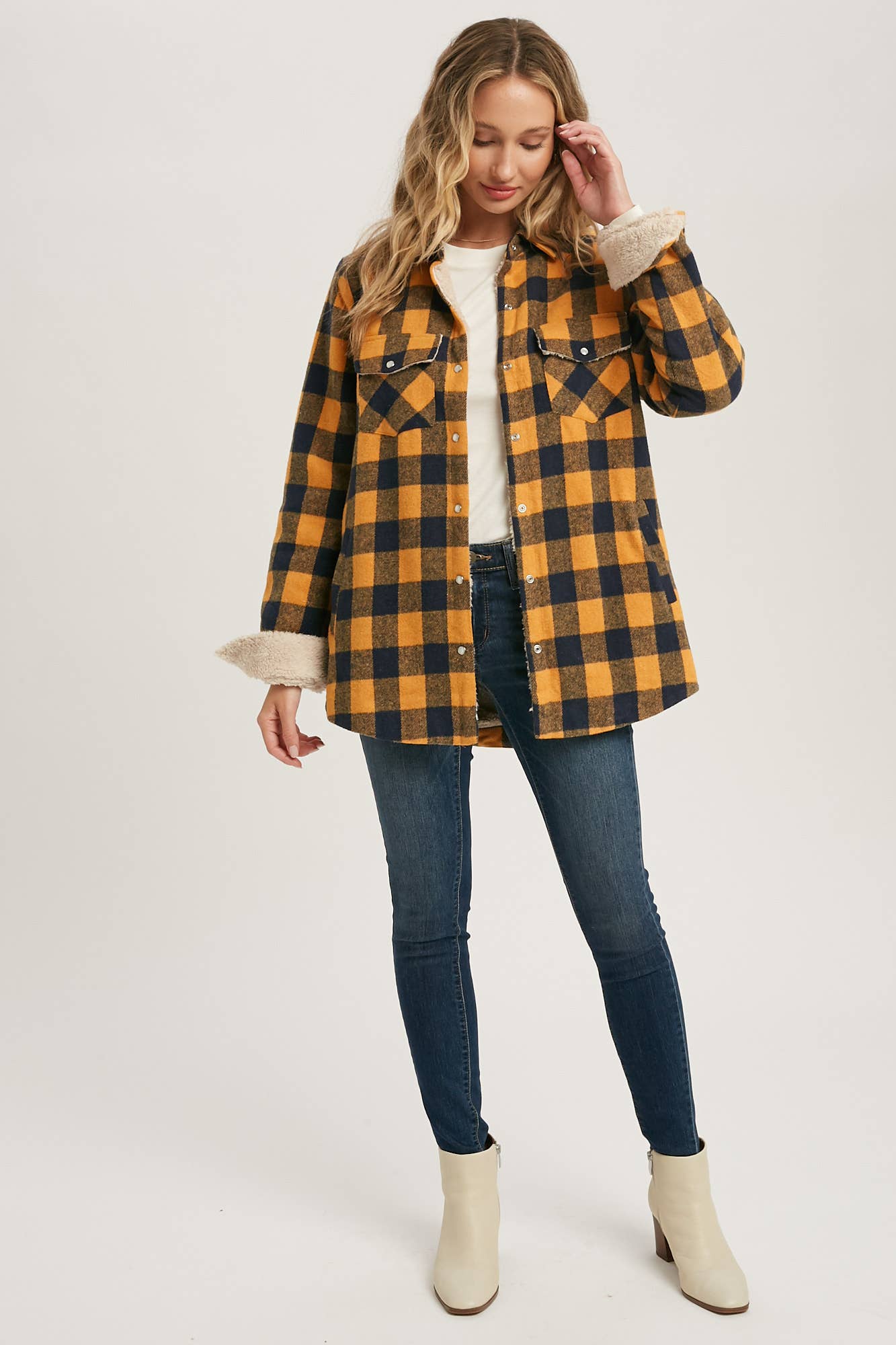 Buffalo Plaid Sherpa Lined Shacket - Mustard Plaid