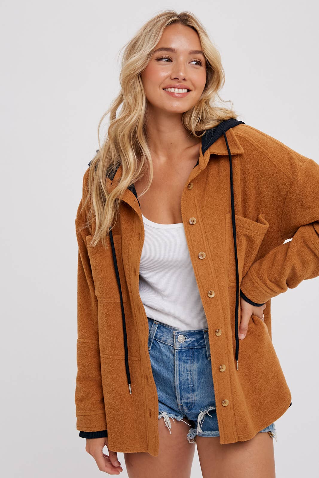 Fleece Hoodie Shacket in Camel