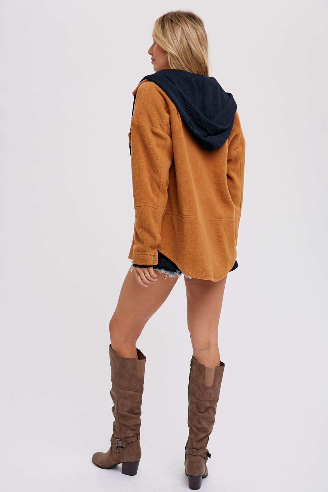 Fleece Hoodie Shacket in Camel