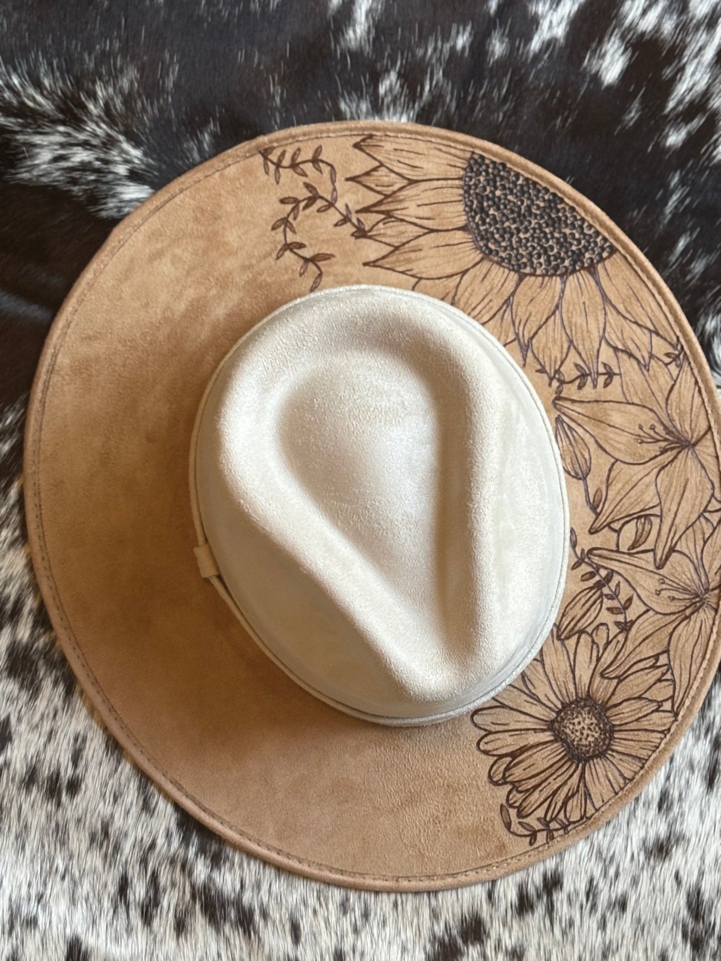 Vegan Suede Two-Toned Rancher Hat with Floral Hand Burned Design PACK OF 4
