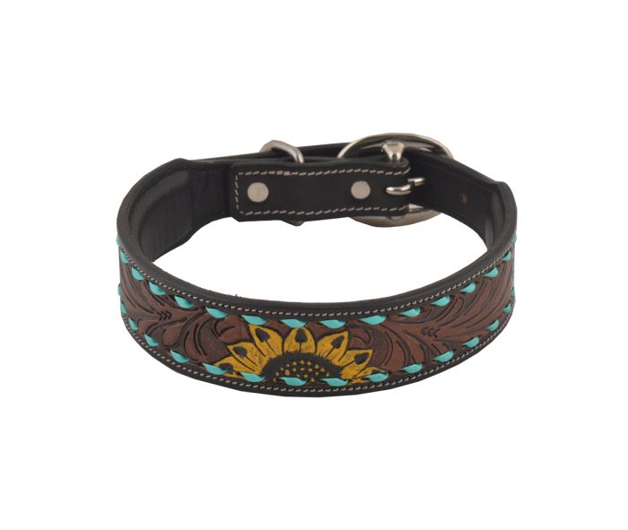 Floral Turquoise Buckstitch Hand-Tooled Leather Dog Collar