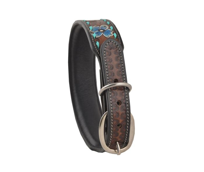 Floral Turquoise Buckstitch Hand-Tooled Leather Dog Collar