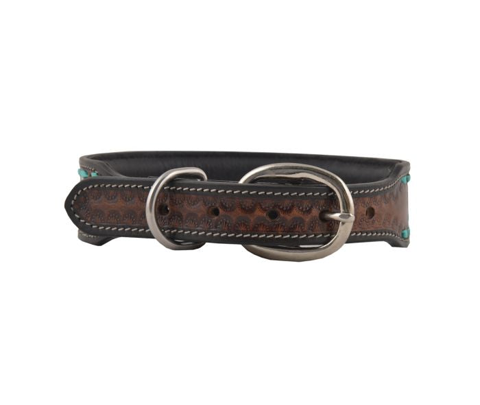 Floral Turquoise Buckstitch Hand-Tooled Leather Dog Collar