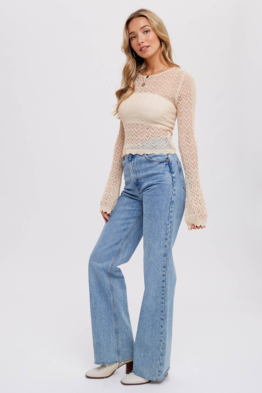 Bell Sleeves Pointelle Pullover in Cream