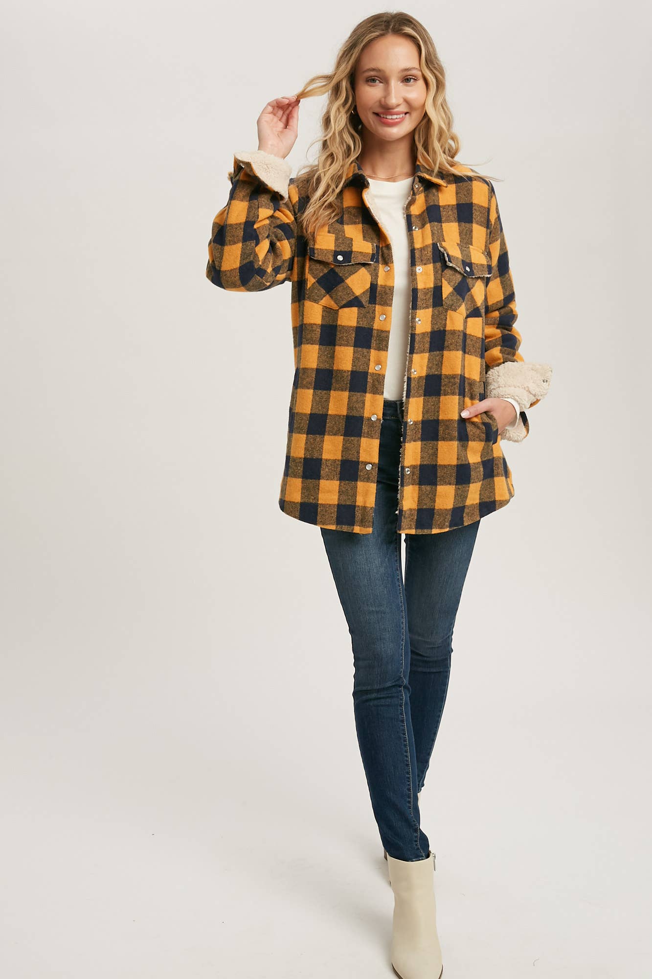 Buffalo Plaid Sherpa Lined Shacket - Mustard Plaid