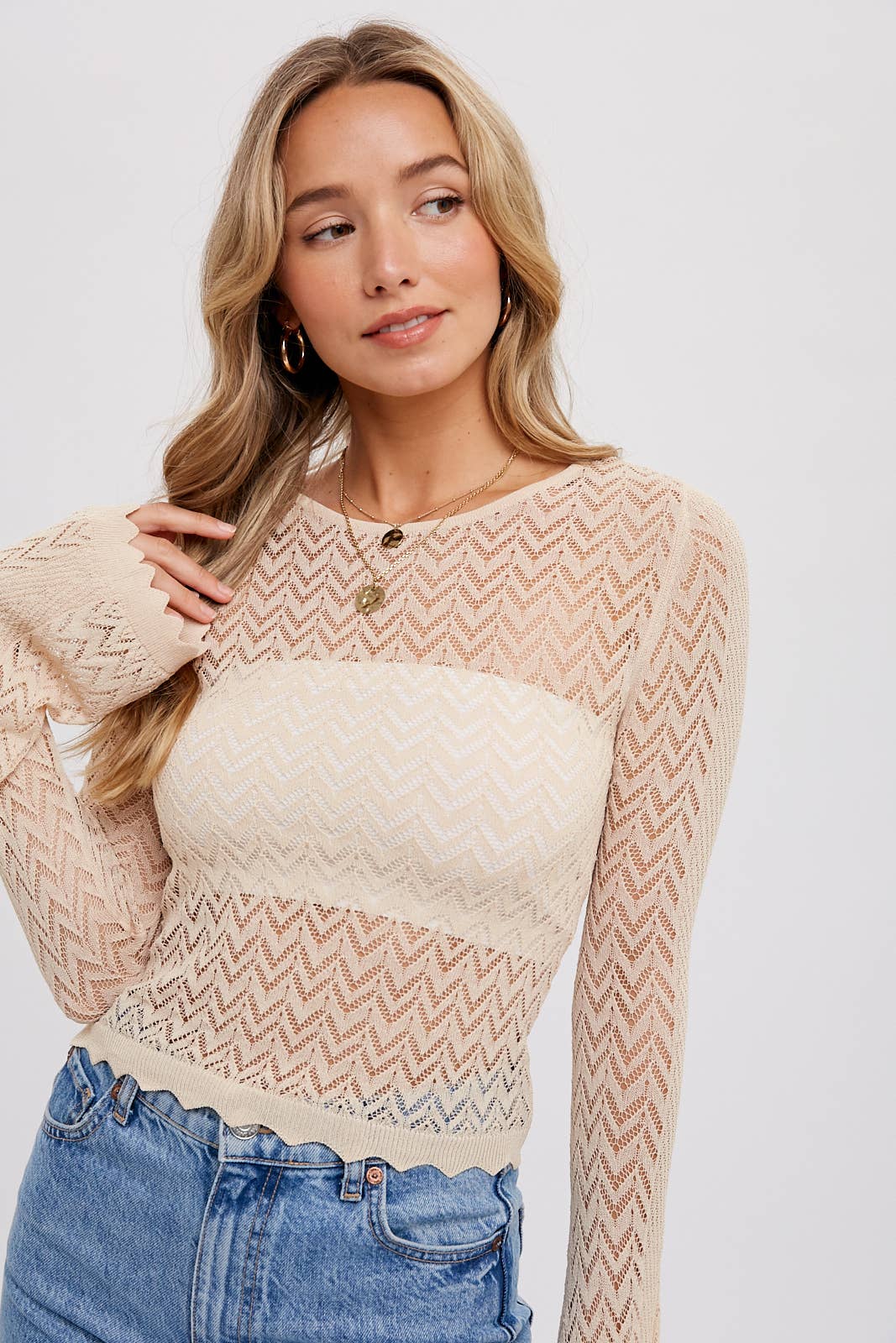 Bell Sleeves Pointelle Pullover in Cream