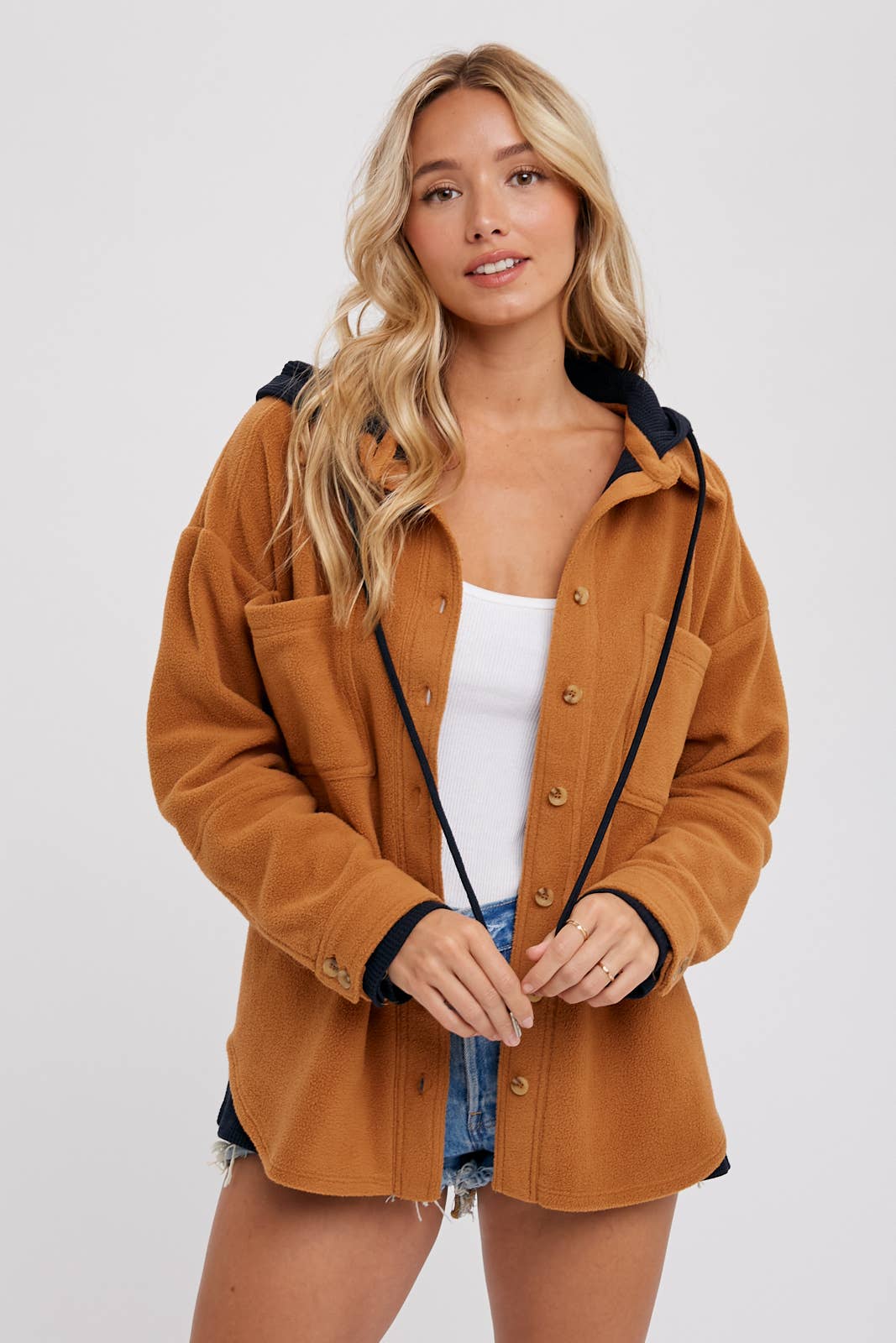 Fleece Hoodie Shacket in Camel
