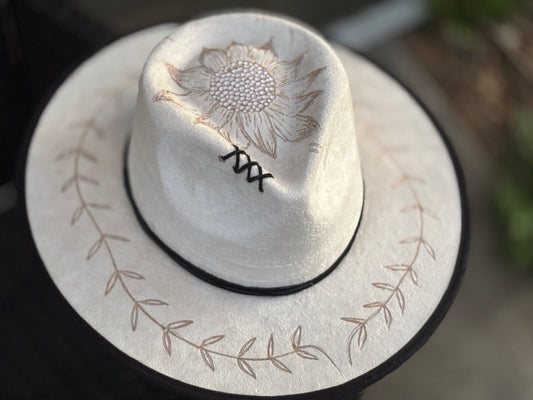 Sunflower and Vine Hand Burned Felt Rancher Hat