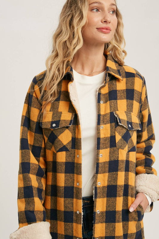 Buffalo Plaid Sherpa Lined Shacket - Mustard Plaid