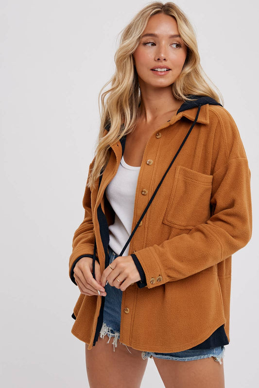 Fleece Hoodie Shacket in Camel