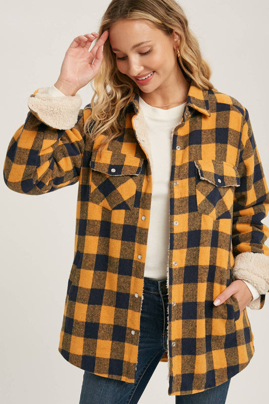 Buffalo Plaid Sherpa Lined Shacket - Mustard Plaid