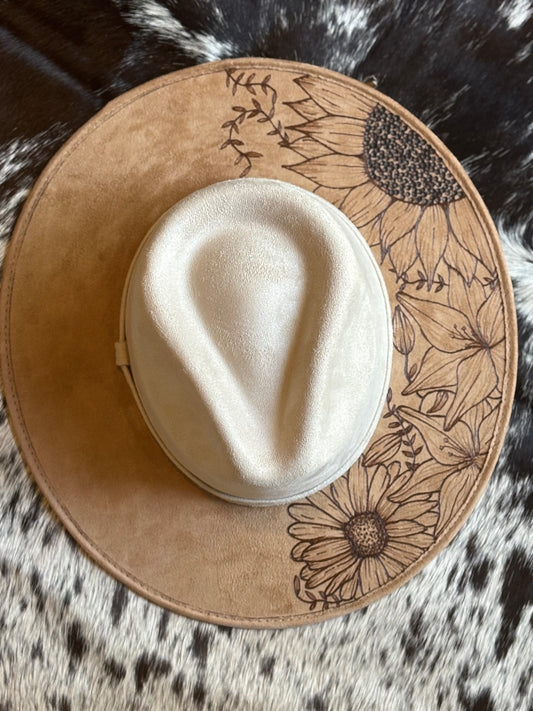 Vegan Suede Two-Toned Rancher Hat with Floral Hand Burned Design