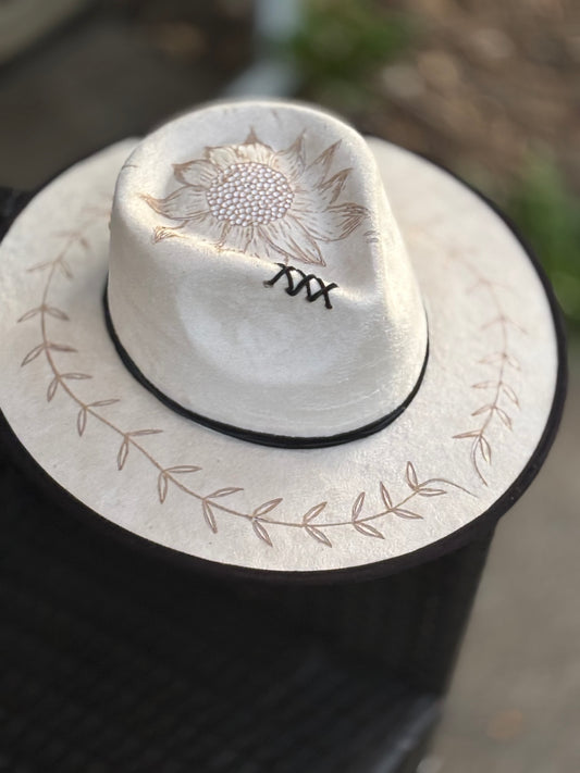 Sunflower and Vine Hand Burned Felt Rancher Hat