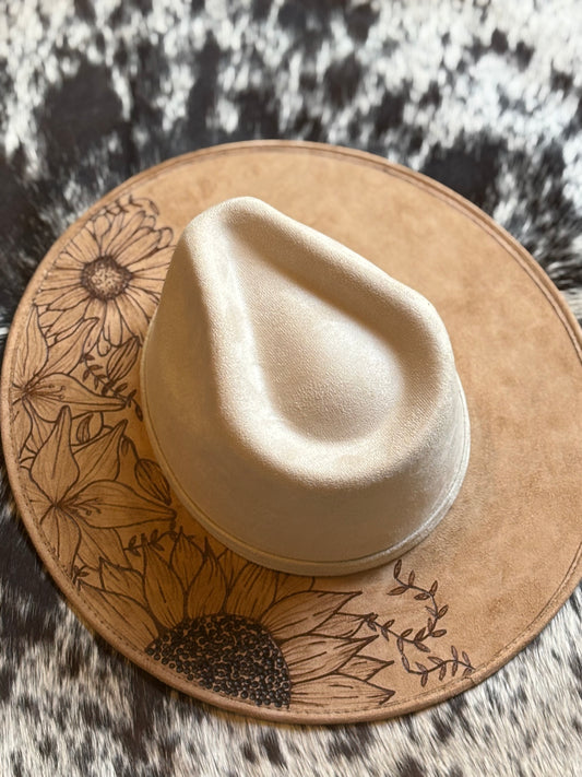 Vegan Suede Two-Toned Rancher Hat with Floral Hand Burned Design