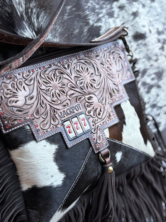 Lucky 7s Genuine Cowhide and Tooled Leather Western Fringe Crossbody Purse