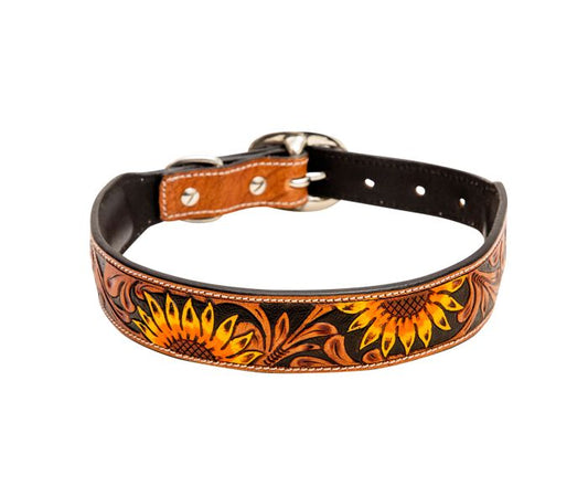 Sunflower Hand-Tooled Leather Dog Collar