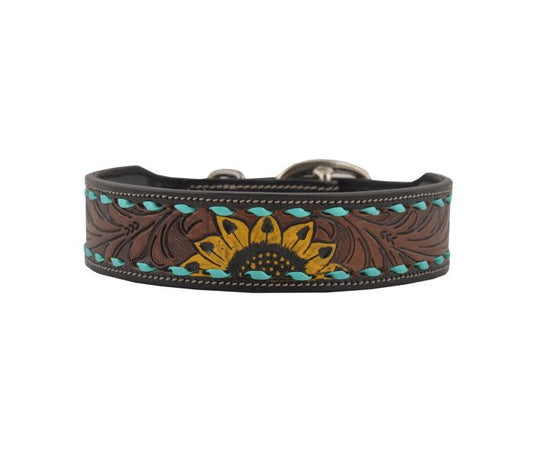 Floral Turquoise Buckstitch Hand-Tooled Leather Dog Collar