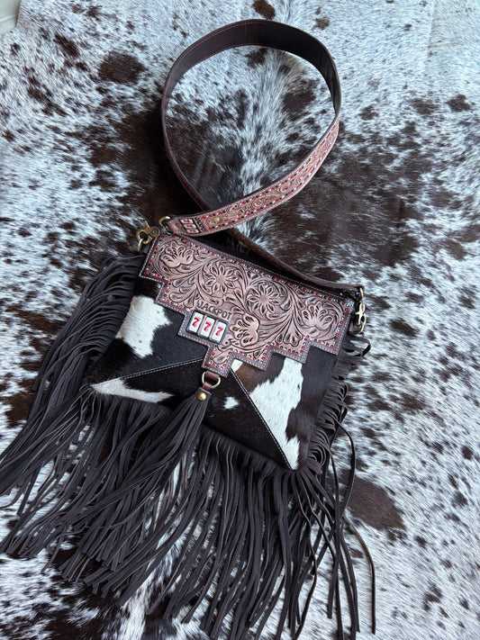 Lucky 7s Genuine Cowhide and Tooled Leather Western Fringe Crossbody Purse