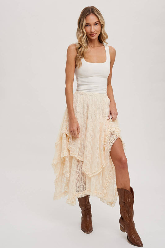 Lace Tier Midi Boho Skirt