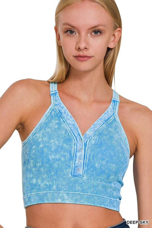Washed Ribbed Button V-Neck Bralette